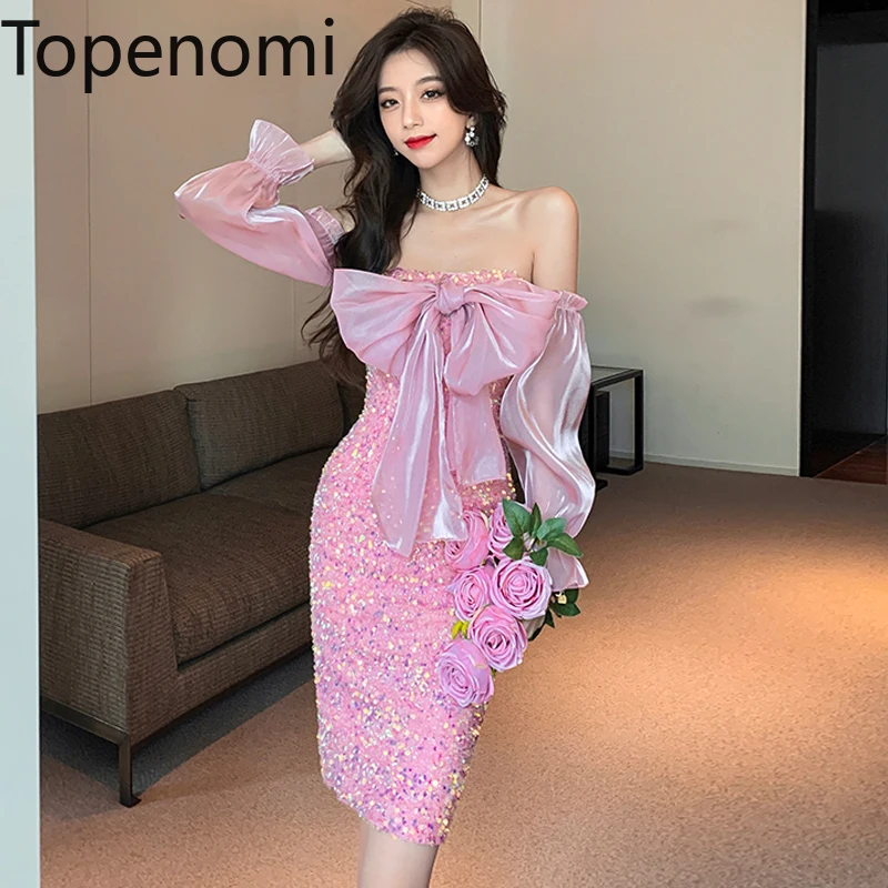 

Женское платье с бантом и блестками Topenomi, элегантное облегающее платье с открытыми плечами для дня рождения