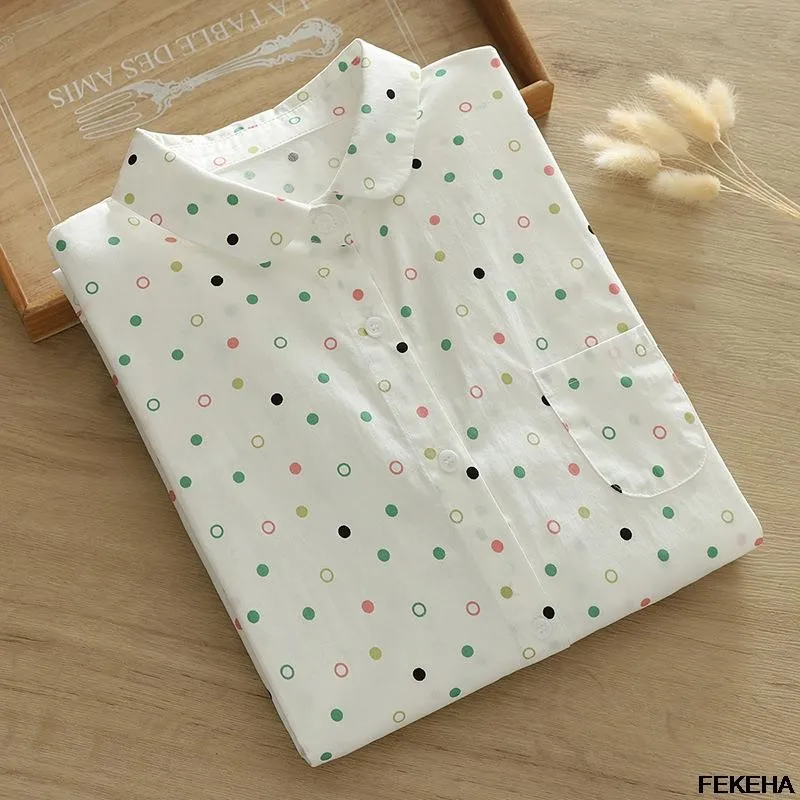 

Women Dot Print Shirts Long Sleeve White Blouses Loose Lady Tops Autumn Female Clothes Japan Style