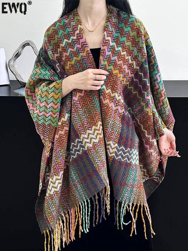 

[EWQ] Vintage Knited Tassel Scarf Shawl 2023 Autumn Winter New Tide Women Colorful Contrast Loose All-match Clothes 16U4781