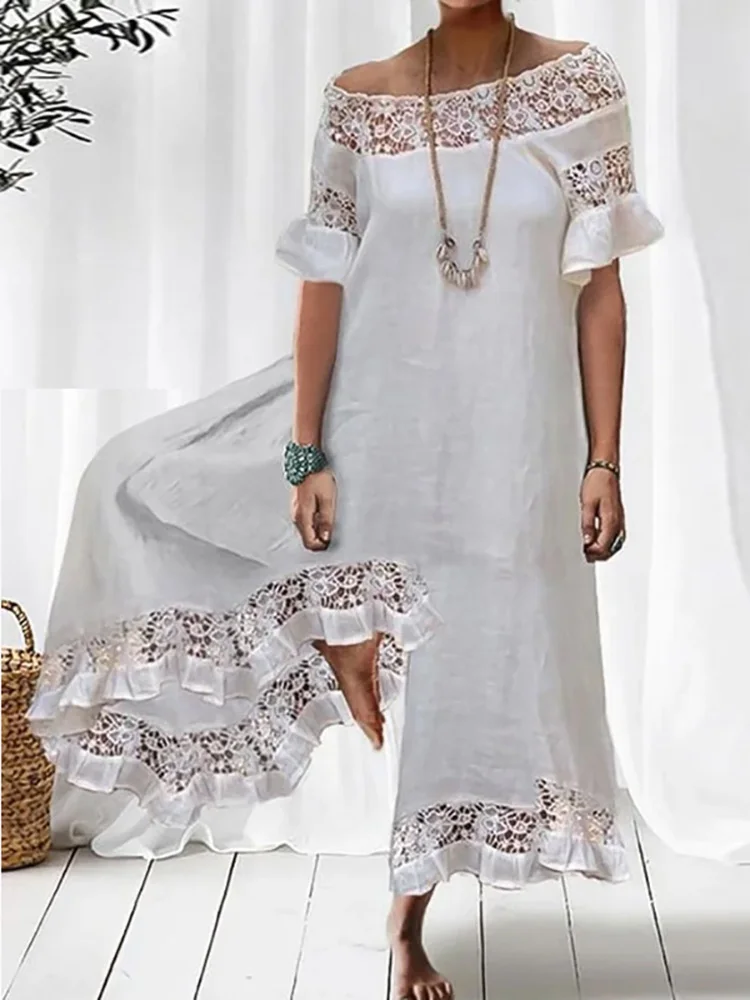 

Women Lace Short Sleeve Cotton Linen Rompers Casual Streetwear Hollow Out Wide Leg Pants Summer Loose Basic Office Lady Jumpsuit