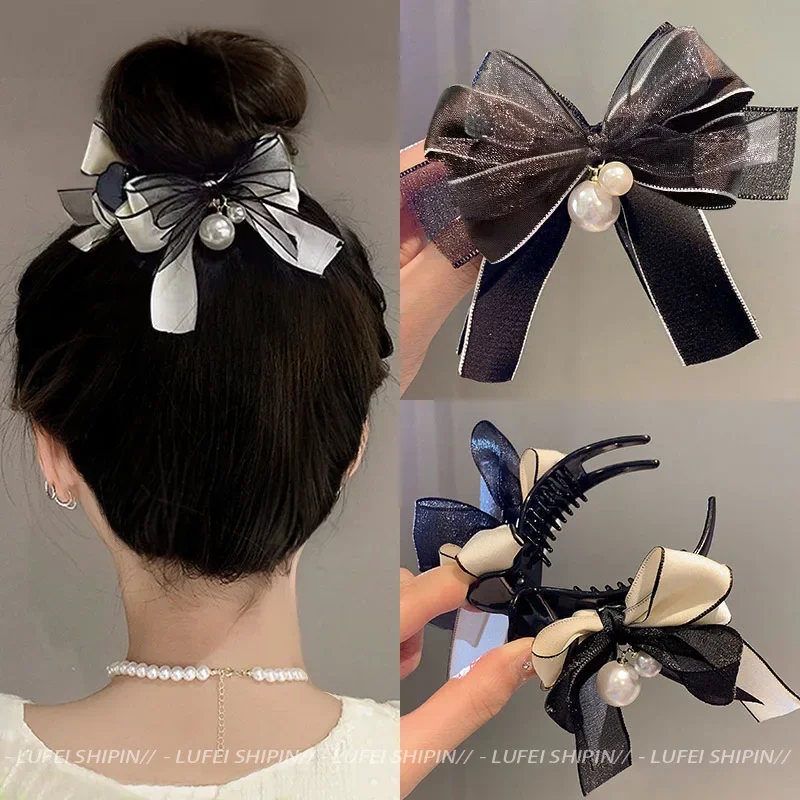 

Fashion Lace Bow Pearl Hair Grab Clip Elegant Shark Clip Retro Headdress High-Quality Hairpin Fixed Hair Accessories for Women