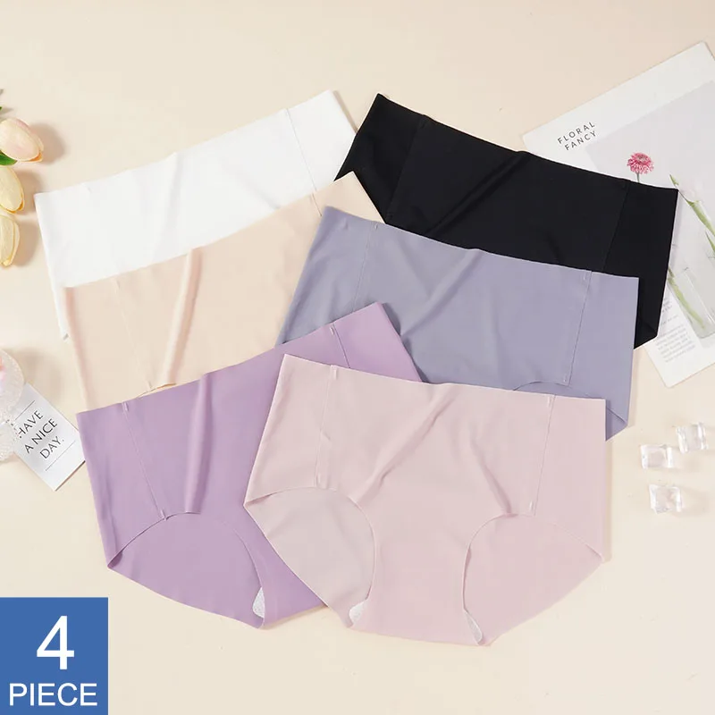 4 Pcs Light Colored Japanese Women's Seamless Briefs Underwear Female High Waist Ice Silk Panties One-piece Intimate Lingerie