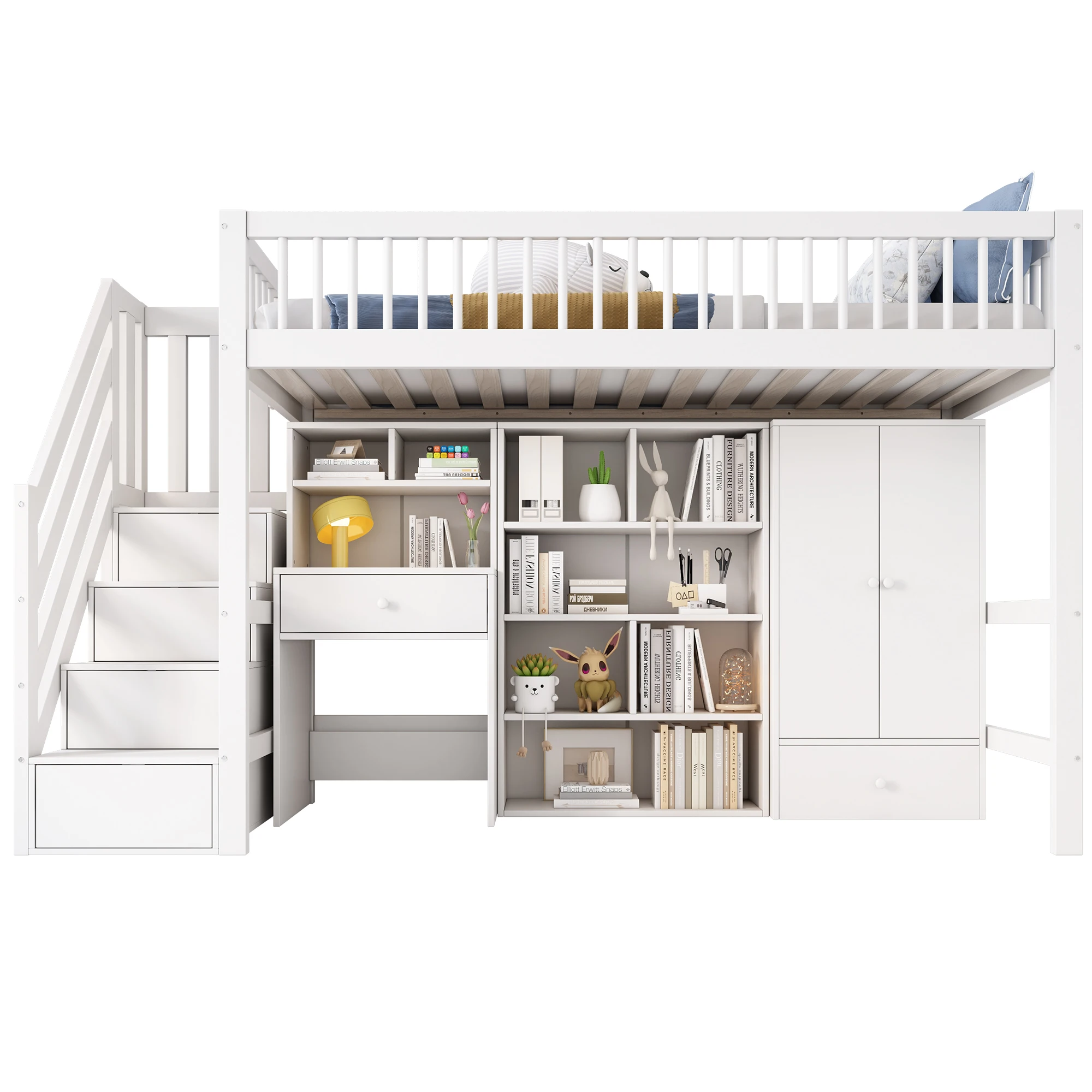 Kinderbett, Einzelbett, multifunktionales Kinderbett, mit Schreibtisch, Treppe, Schließfächern und Kleiderschrank, ohne Matratze – Detail 7