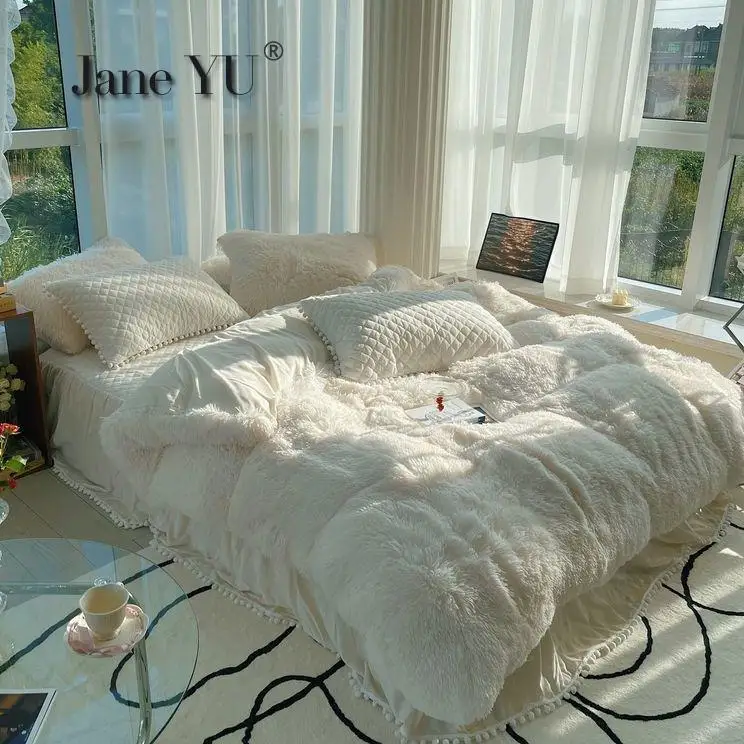 JaneYU Padded Warm Milk Velvet 4Pcs Bedding Set Double-sided Coral Velvet Mink Velvet Plus Velvet Quilt Cover Bed Sk