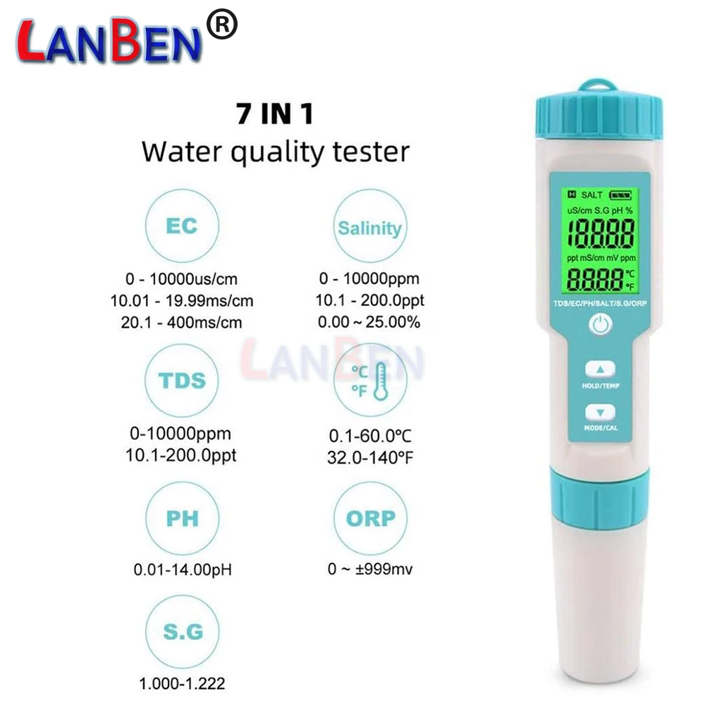 7 in 1 PH Meter Salinity PH TDS EC ORP S.G TEMP Water Quality Tester Swimming Pool Monitor Aquarium Analysis Instrument water quality meter