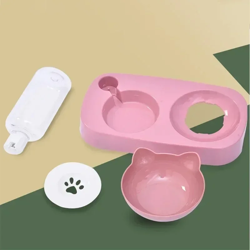 Tilted Cat Bowl Set - 3-in-1 Water Feeder with Gravity Bottle and Ear Design