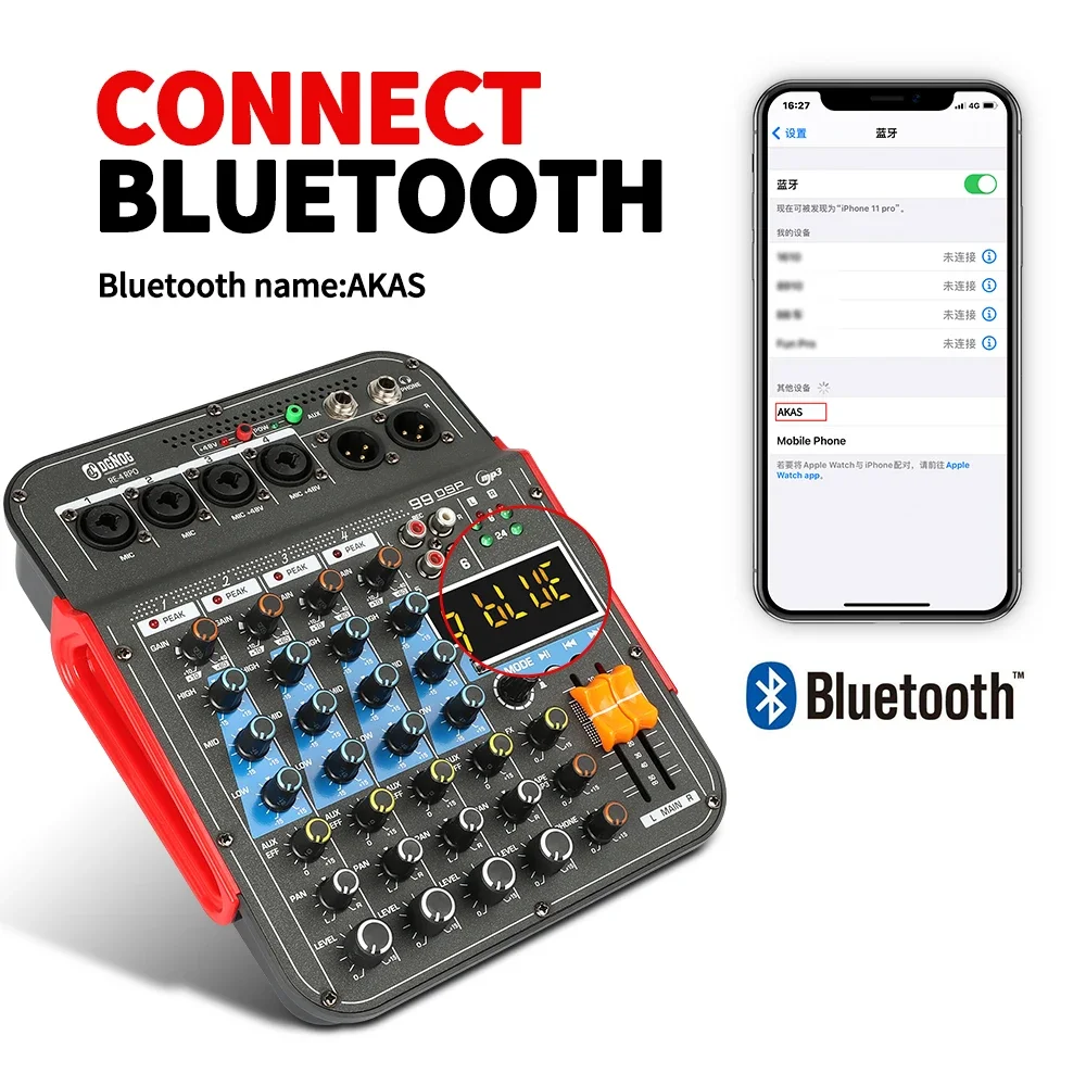 RE-4 PRO 6 Channel Audio Mixer 99 DSP Effects Sound Mixing DJ Console with Bluetooth USB for Party Recording Studio Computer