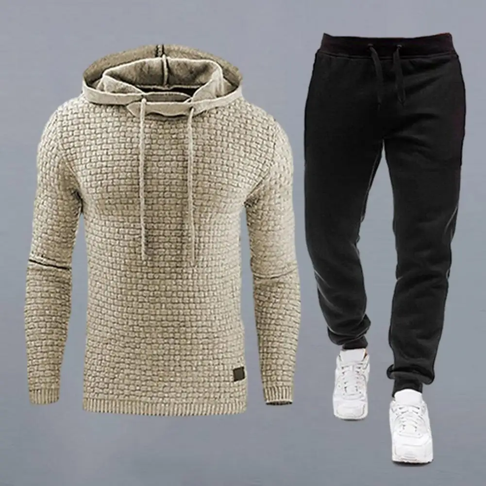 

Men Leisure Suit Men's Waffle Texture Hoodie Pants Set for Fall Winter Sports Solid Color Long Sleeves Elastic Waist
