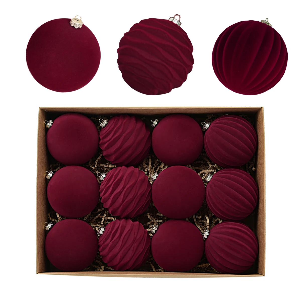 thumbnail image 1 of 12 bolas navideñas de 8 cm, bolas de terciopelo para colgar en el árbol de Navidad, adornos colgantes, plástico irrompible, color rojo, 1 of 4