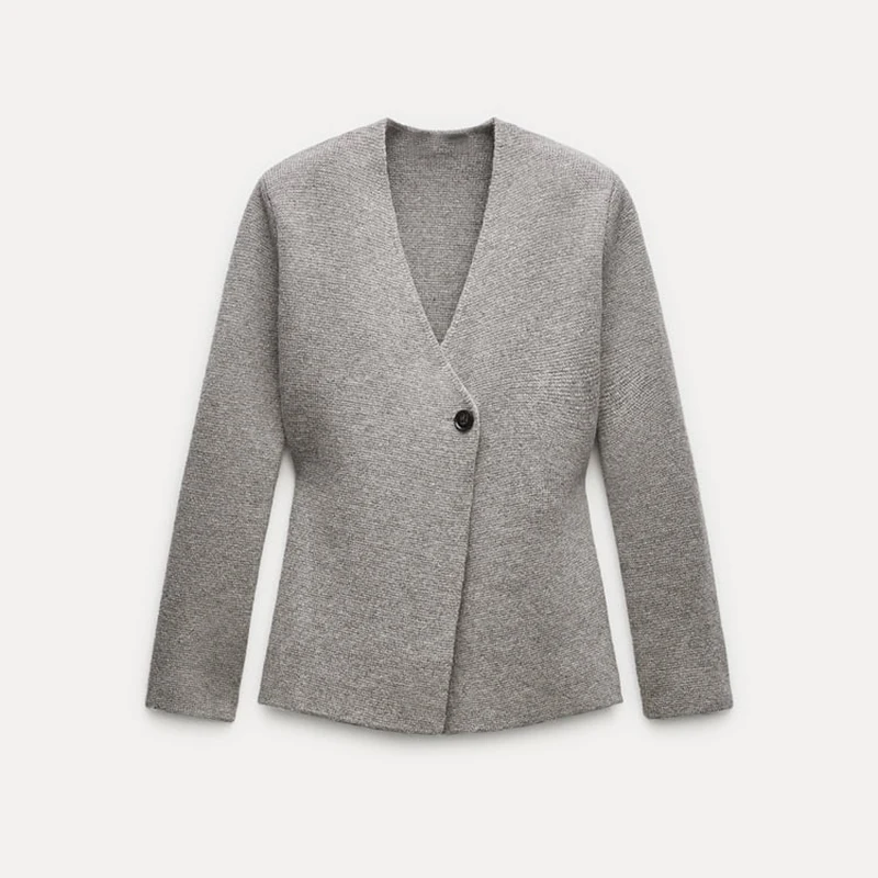 

2024 Spring Autumn Women's New Wool Knitted Suit Coat V-neck Long Sleeve Shoulder Pad Coat Solid Loose Button Knitted Shirt