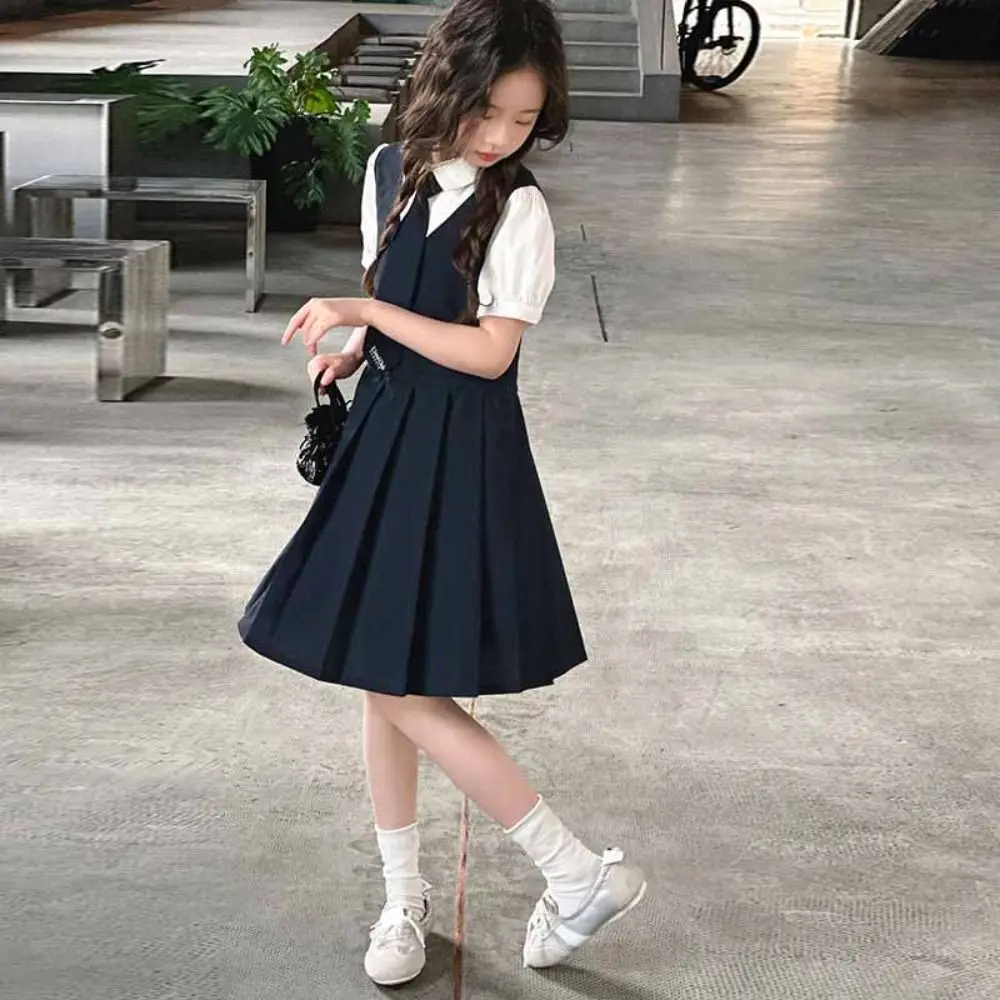 Fashion Pleated Fake Two Dress Preppy Style Teenagers Summer Girls Dresses Skirts Short Sleeve Children A-line Dress Students
