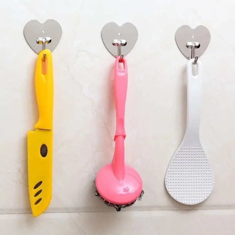 3pcs/set Heart Shape Adhesive Kitchen Strong Wall Door Hook Metal Stainless Steel Stick Hook Hanger Bathroom Hanger
