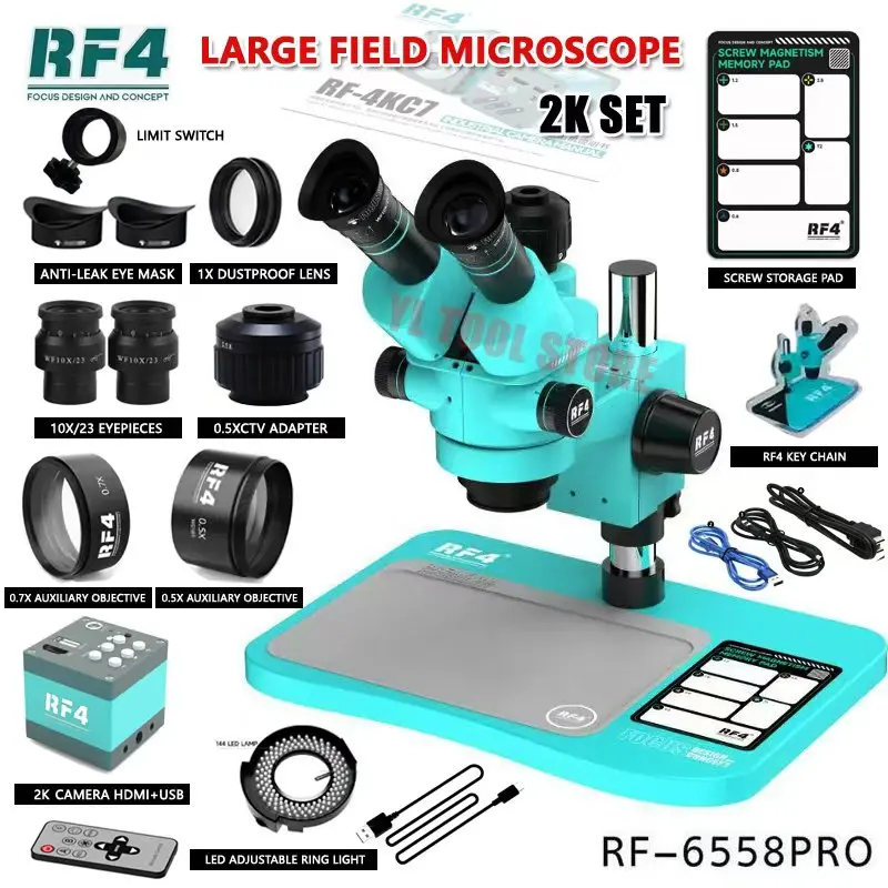 RF4 6558PRO 울트라 HD 삼안 실체 현미경 대형 베이스 6.5X-58X 휴대폰 PCB 용접 현미경 광시야 4K 2K 카메라