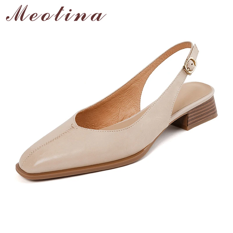 

Meotina Women Genuine Leather Slingbacks Flats Square Toe Buckle Concise Ladies Fashion Career Shoes Summer Apricot Coffee 40