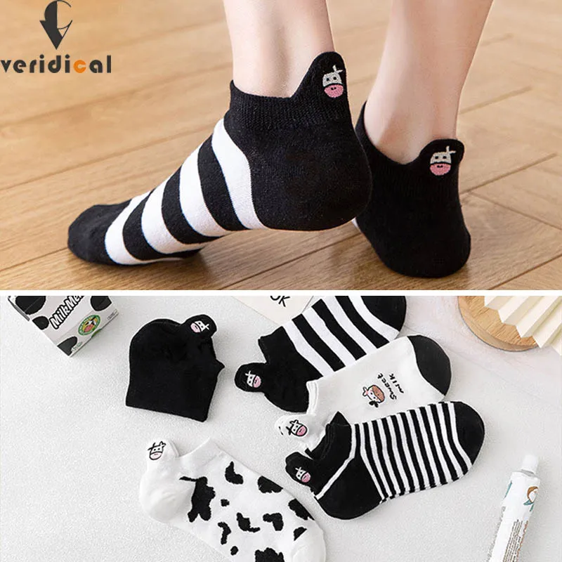 

Носки-невидимки женские хлопковые, уличные модные нескользящие носки в полоску с вышивкой коровы и закрытым носком для девушек и женщин