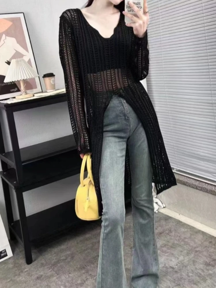 New V-neck Medium and Long Women's Long-sleeved Knitted Sweater Fashionable Hollow Solid Color Knitwear Casual Slim-fit Blouse