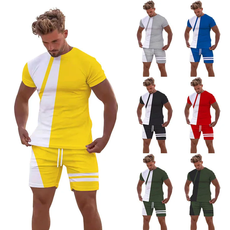

2023 Foreign Trade Summer European and American Independent Station Color Matching Trendy round Neck T-shirt Youth Leisure Sport