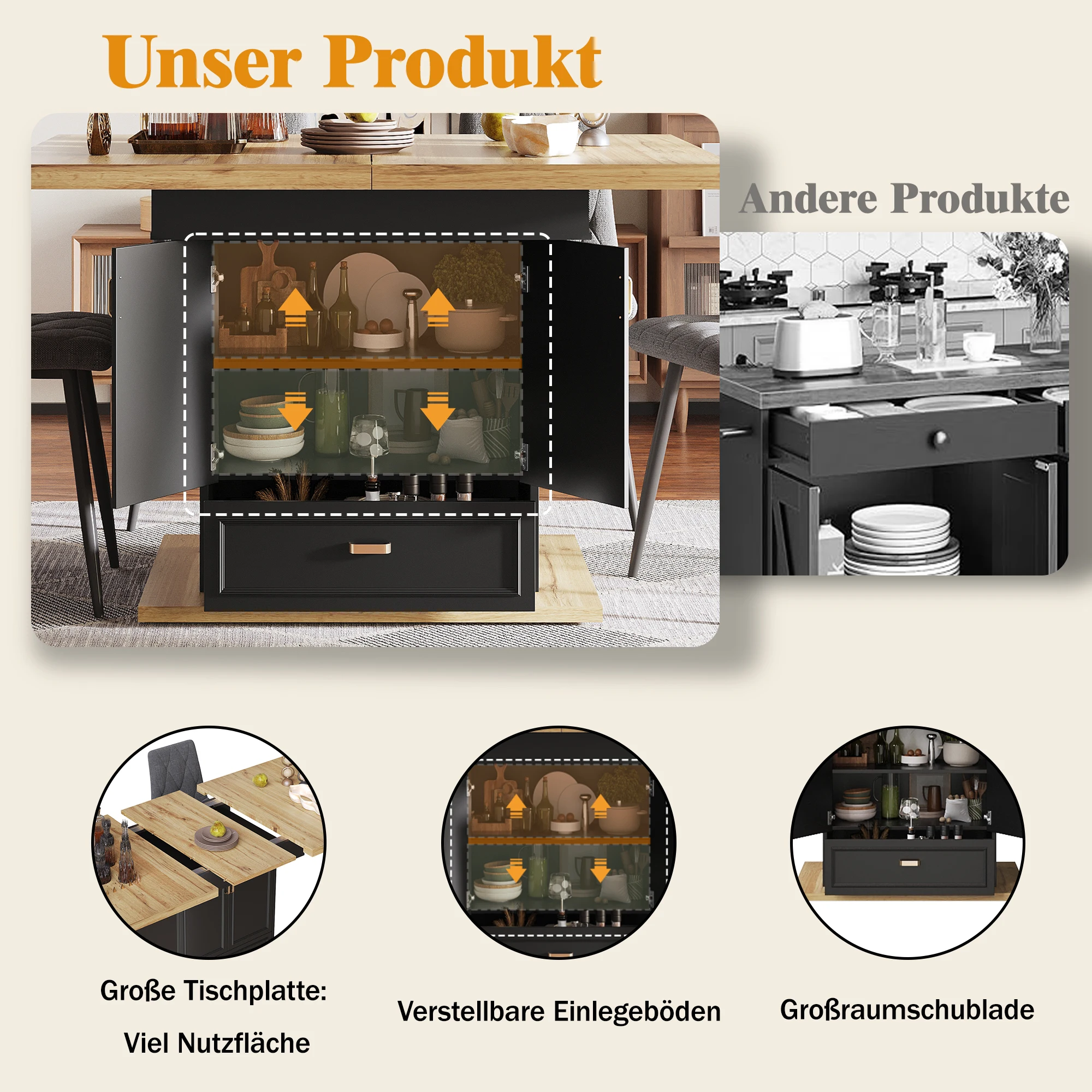 Ausziehbarer Esstisch, 110–140 x 80 x 75 cm, geeignet für Esszimmer oder Terrassen, Esstisch aus Holz, Platz für bis zu 6 Personen – Detail 2