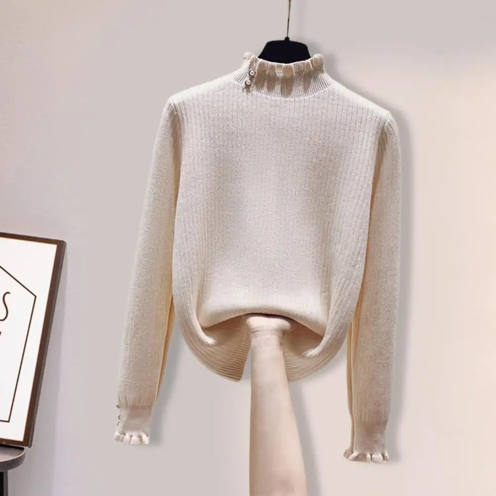 

Women Sweater Solid Color Cuff Faux Pearls Long Sleeve Half High Collar Autumn Thicken Fleece Lining Sweater свитер женский