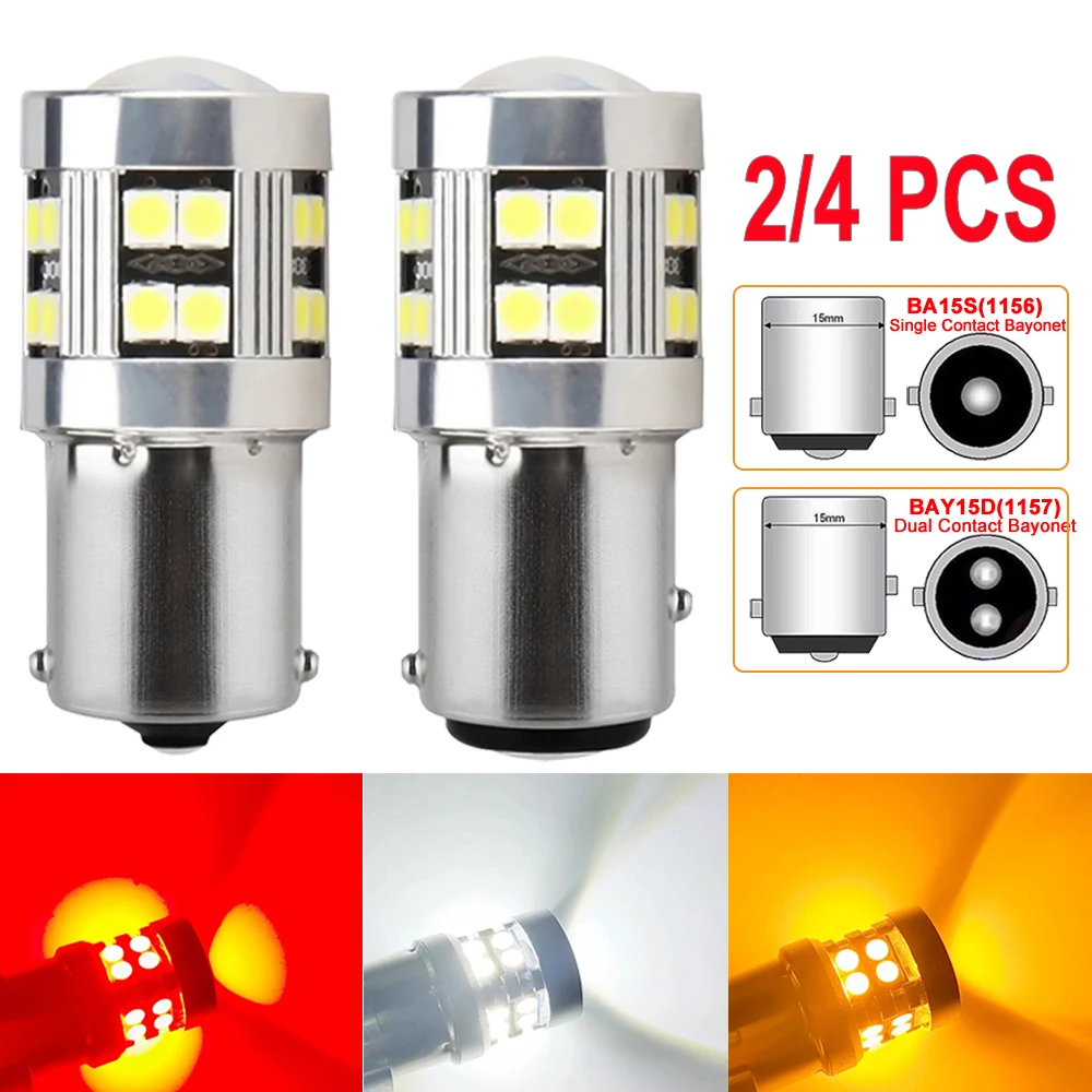 CANBUS 1156 BA15S 1157 BAY15D LED Bulb 2/4 PCS 12V 3030-24SMD 6500K White Yellow Red Car Tail Brake Parking Turn Signal Lights