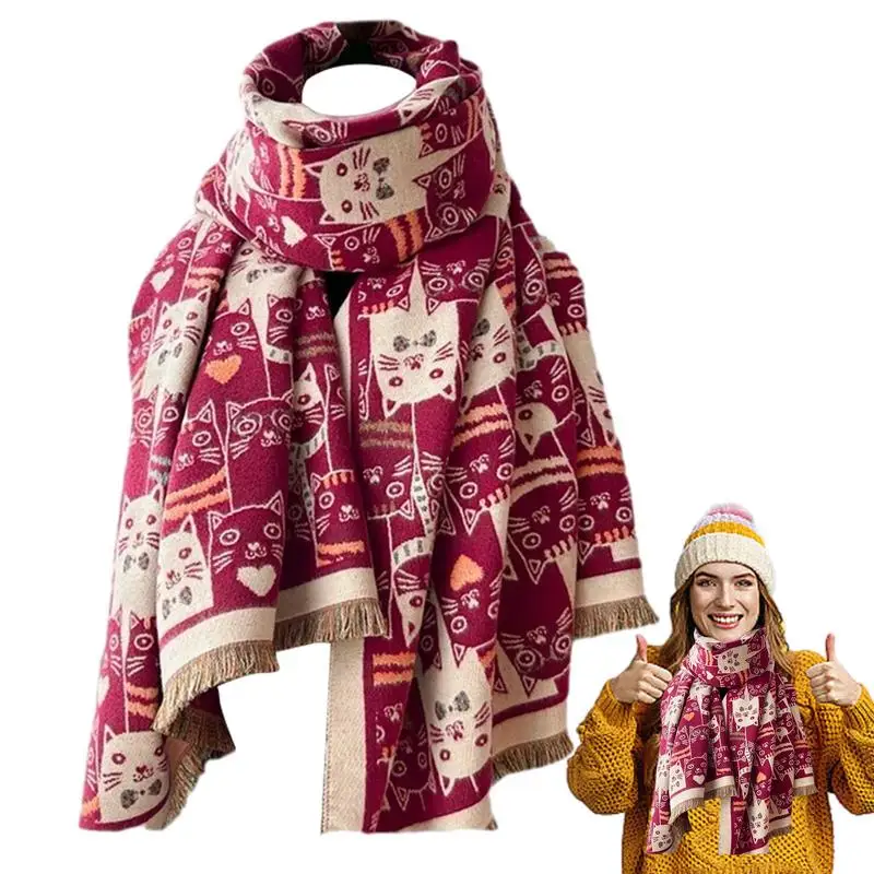 

Warm Winter Scarf Soft Winter Cat Pattern Warm Scarf Multifunctional Elegant Giant Shawl Big Wrap Stole for Women Men