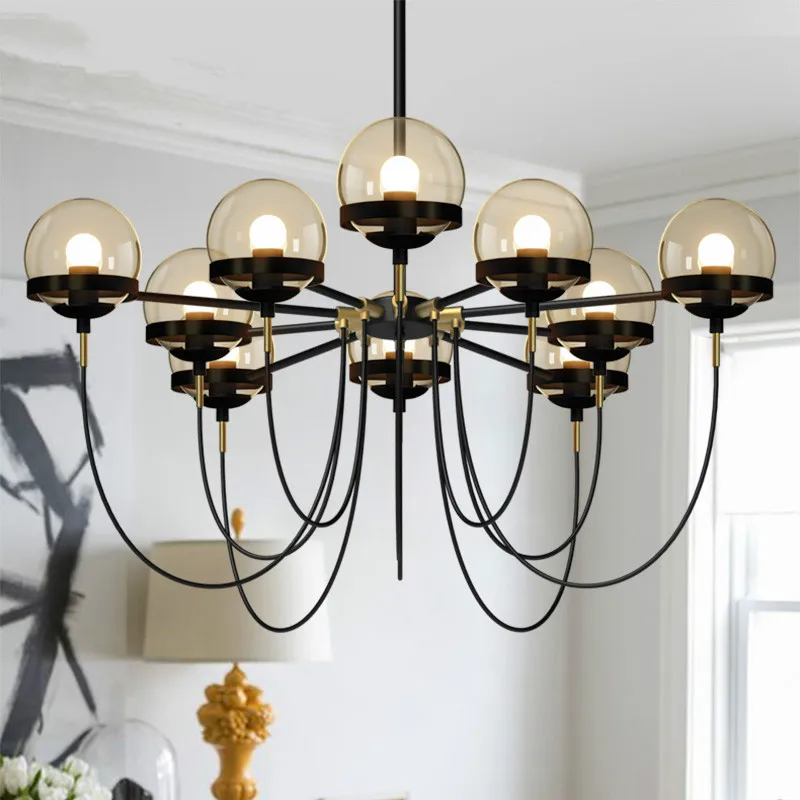 

American Foyer Retro Amber Glass E27 Led Chandelier Gold Black Metal Led Pendant Chandelier Lighting Lustre Indoor Lighting