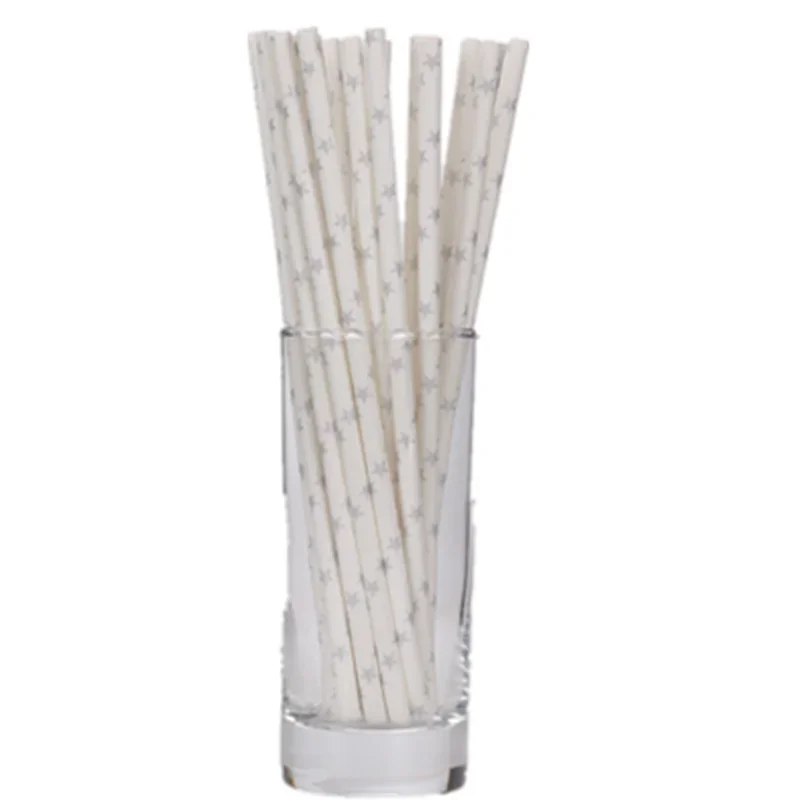 Paper Straws, 50 Baby Blue and White Stripe Straws and Silver Star straws