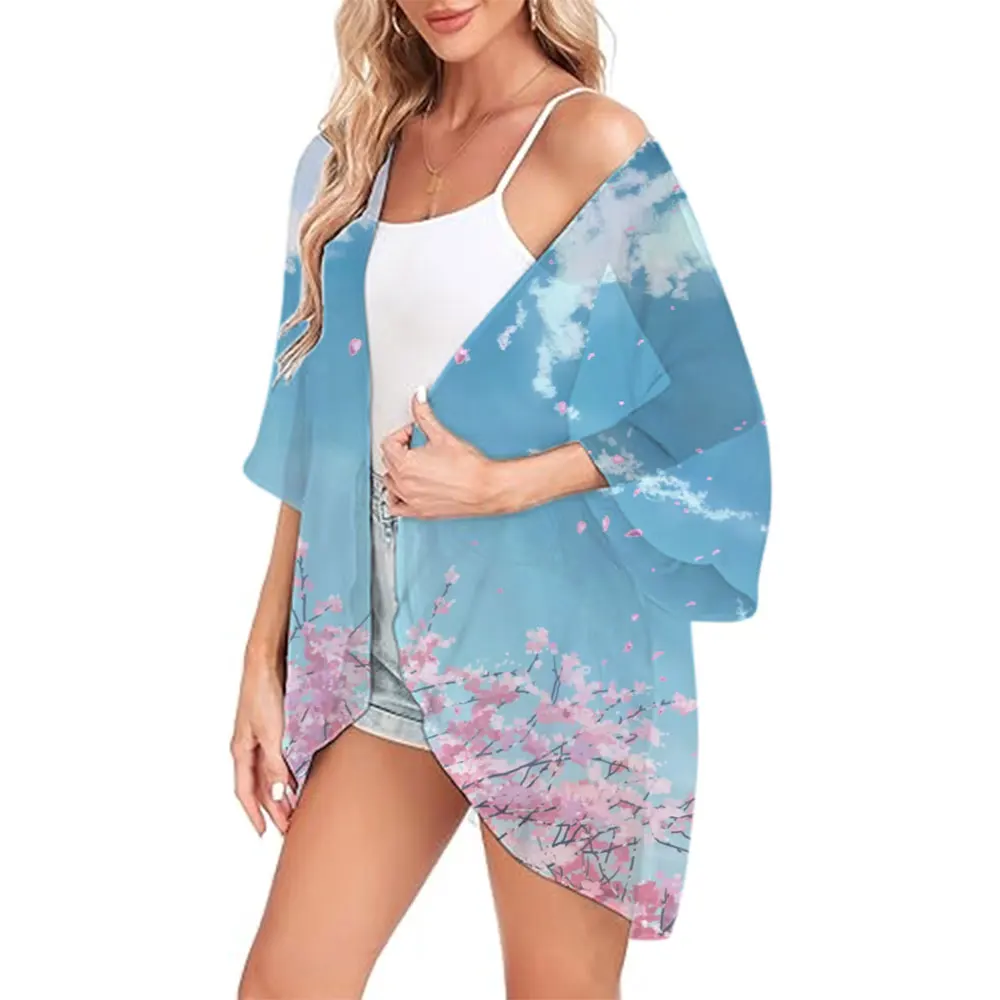 

Summer Chiffon Cover Ups Ladies Floral Shirts Blouses Bohemia Beach Wear Kimono Dress For Women Swimsuit Open Front Tops Shirts