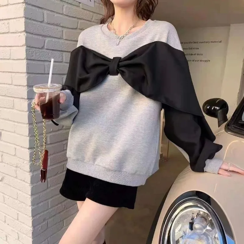 New Velvet Bowknot Sweater Autumn and Winter Women's Round Neck Pullover Loose Solid Color Fashion Blouse Korean Version Y2k