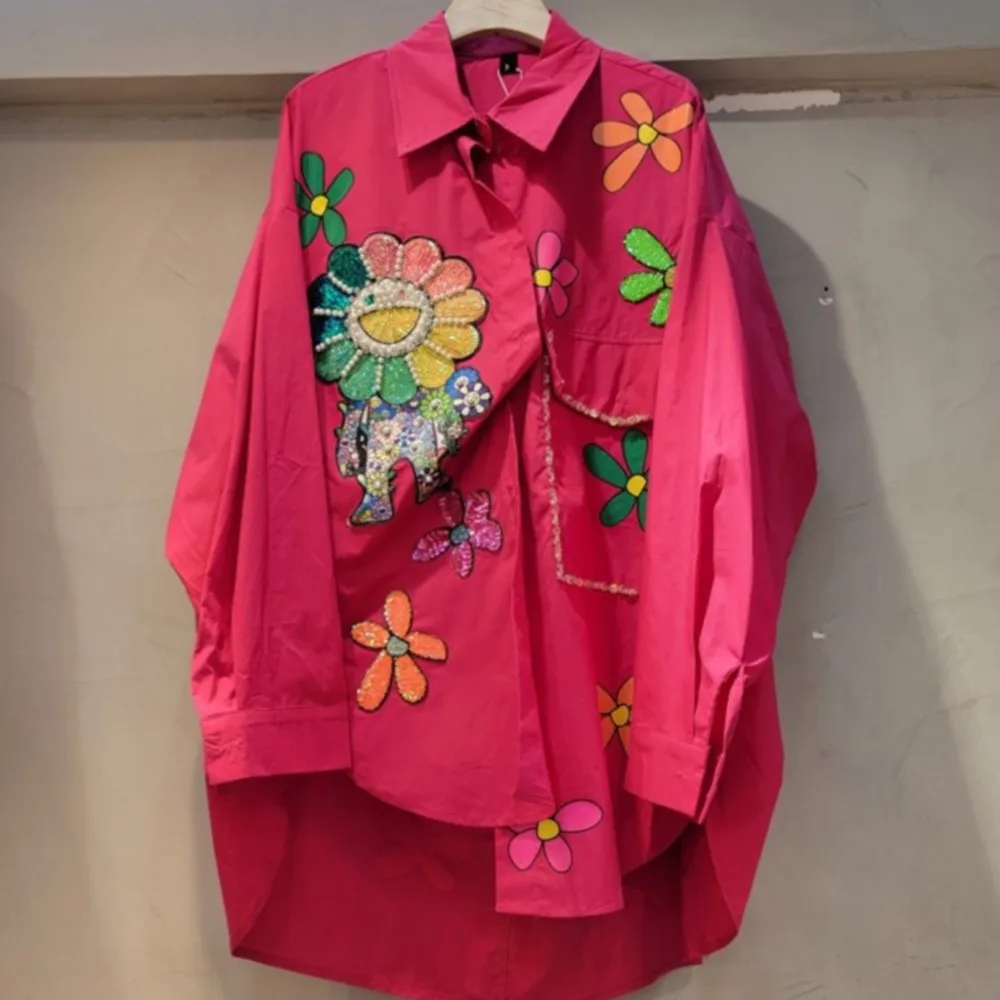 

Новая рубашка ярких цветов с бриллиантами, Женский Свободный Длинный топ с блестками, camisa social feminina blusa