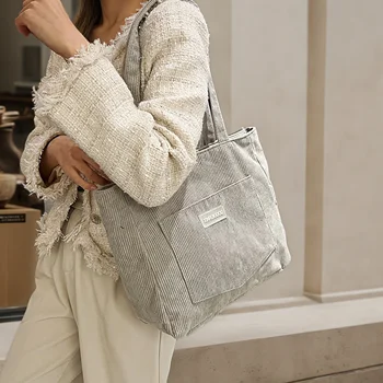 Borsa a tracolla da donna in velluto a coste di grande capacità, borsa casual, borsa per la spesa femminile in tinta unita
