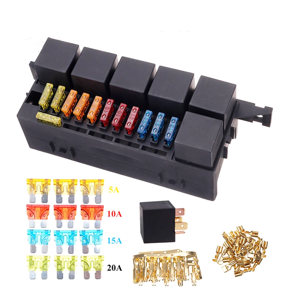 6Pcs 4Pin Plastic Cover 11 Ways Blade Fuse Block 12V 40A Fuse Box Holder For Car Marine Truck Trailer Boat with Spade Terminals