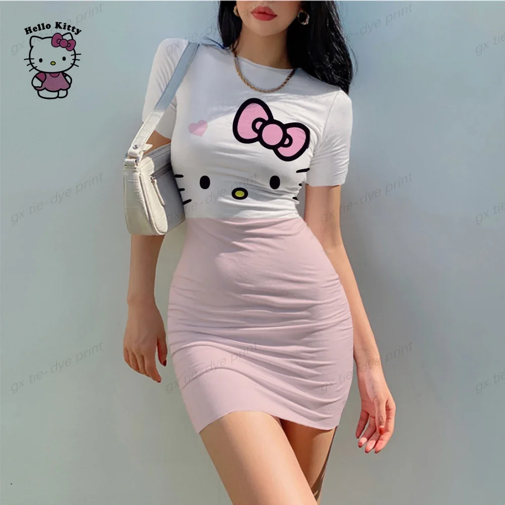 

Summer Sexy Short Dress Women O Neck Slim Hello Kitty Print Mini Sundress Ladies Casual Boho Beach slim Dress Vintage Vestidos