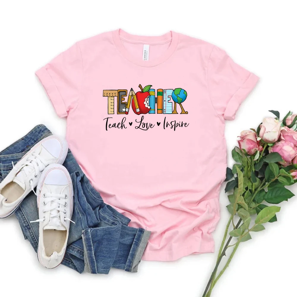 

Inspirational Teacher Women Shirts Teach Love Inspire Shirt Back To School Tee Teacher Appreciation Tshirts Unisex Casual Tops