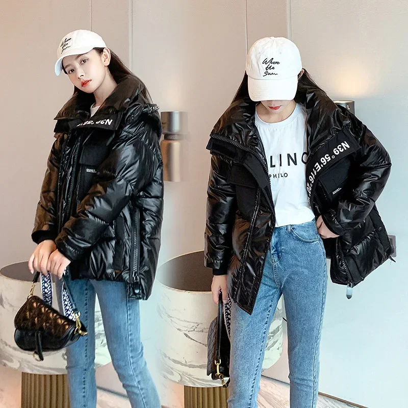 

Female Short Bread Coat Jacket Women Winter 2023 New Winter Fashion Bright Black Gray Hooded Loose Thick Warmth