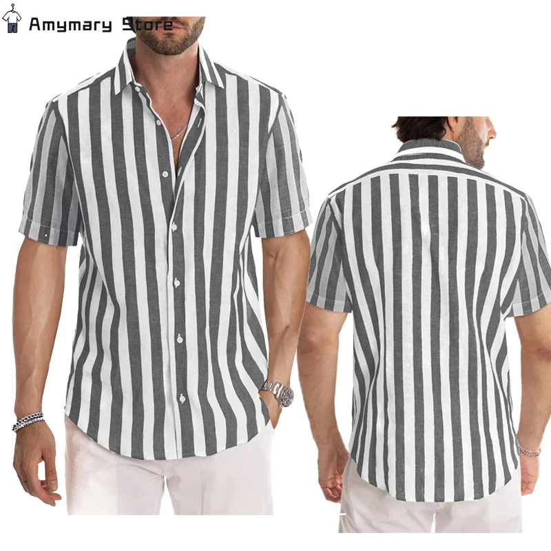 Summer Mens Stripes Shirt Hawaiian Stylish Short Sleeve All-matchTurn-down Collar Men Cardigan Casual Loose Vacation Shirts 5XL