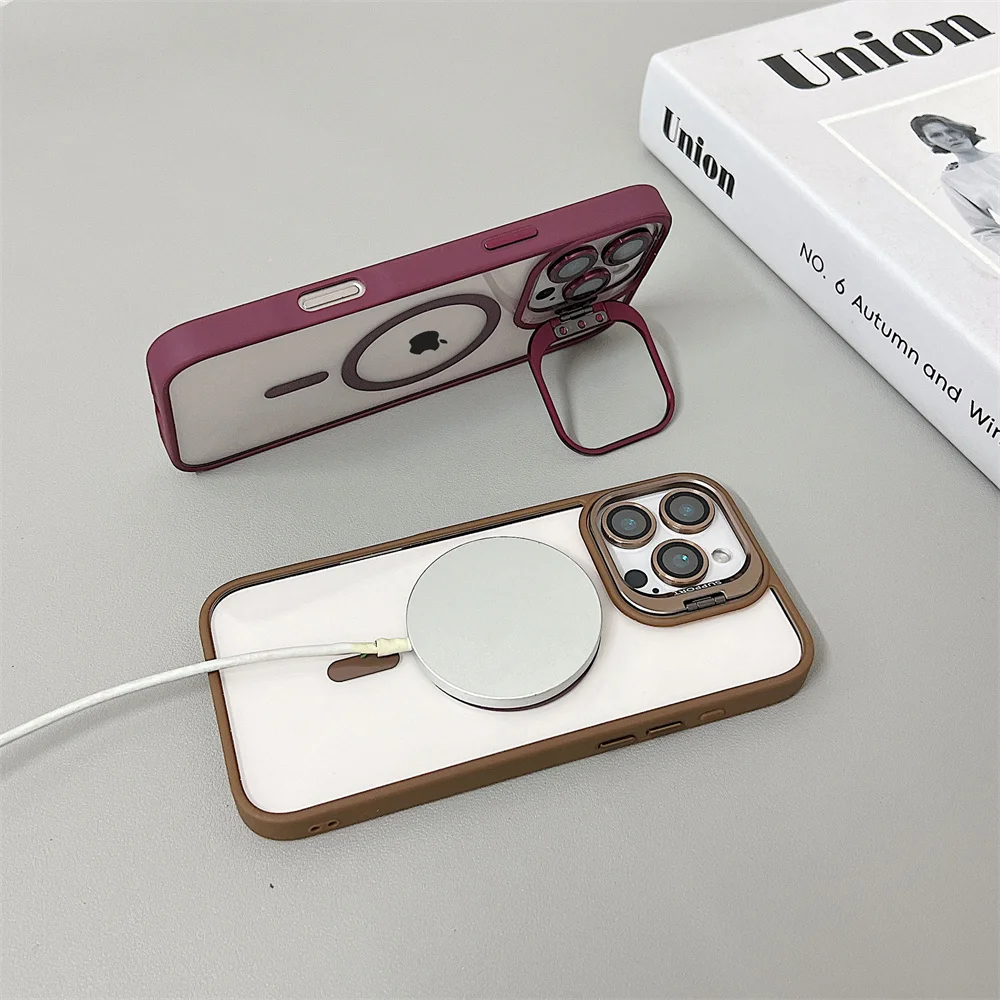 Luxury Magnetic Shockproof Phone Case with Stand and Glass Lens Protector Cover