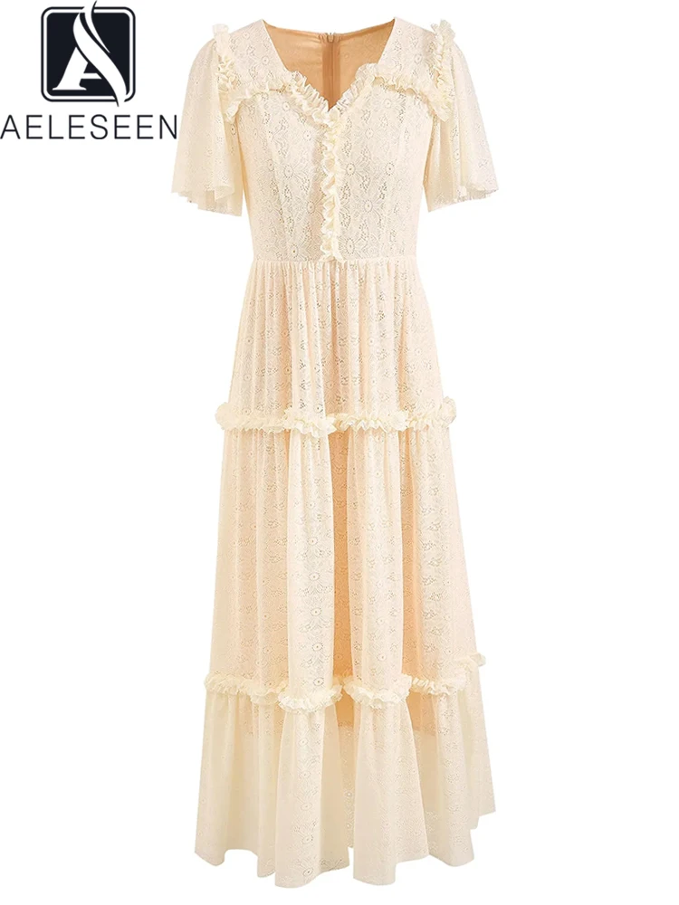 

AELESEEN High Quality Beige Lace Dress Women's Summer Flare Sleeve V-Neck Hollow Out Edible Tree Fungus Ruffles Elegant Long