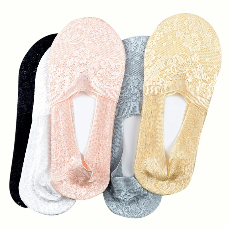 Description Picture 5 of item5 Pairs of Women's Summer Lace Jacquard Silicone Non-Slip Non-Marking Deep Cut Short Low Top Boat Socks