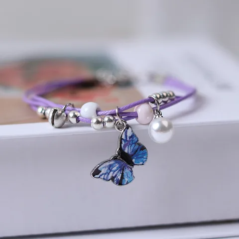 Blue Purple Butterfly Charms Bracelet Rope Braided with Bell Adjustable Bracelet Women Friendship Bracelet Jewelry Gifts