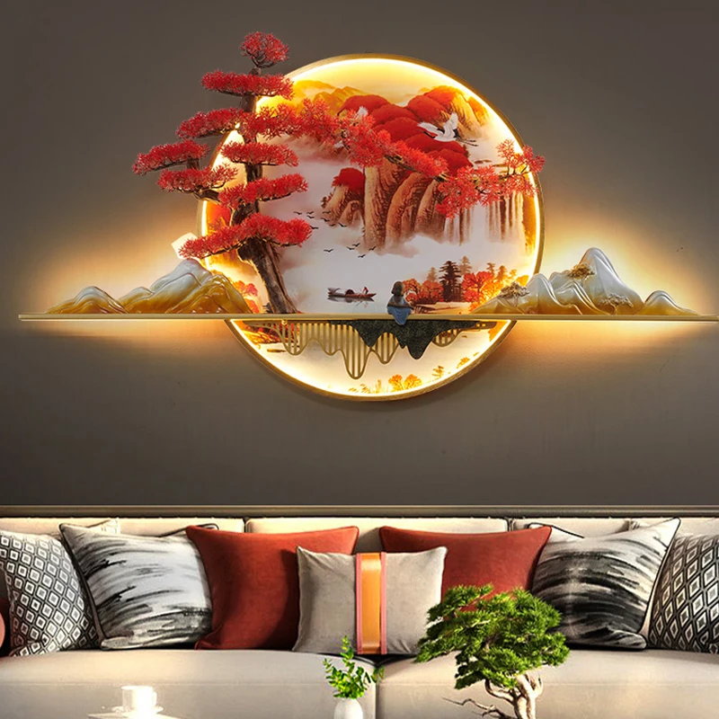 모던 LED 그림 벽 램프, 3D 중국 소나무 창의적인 조경 그림 스콘스 장식, 집 거실 침실 서재 램프