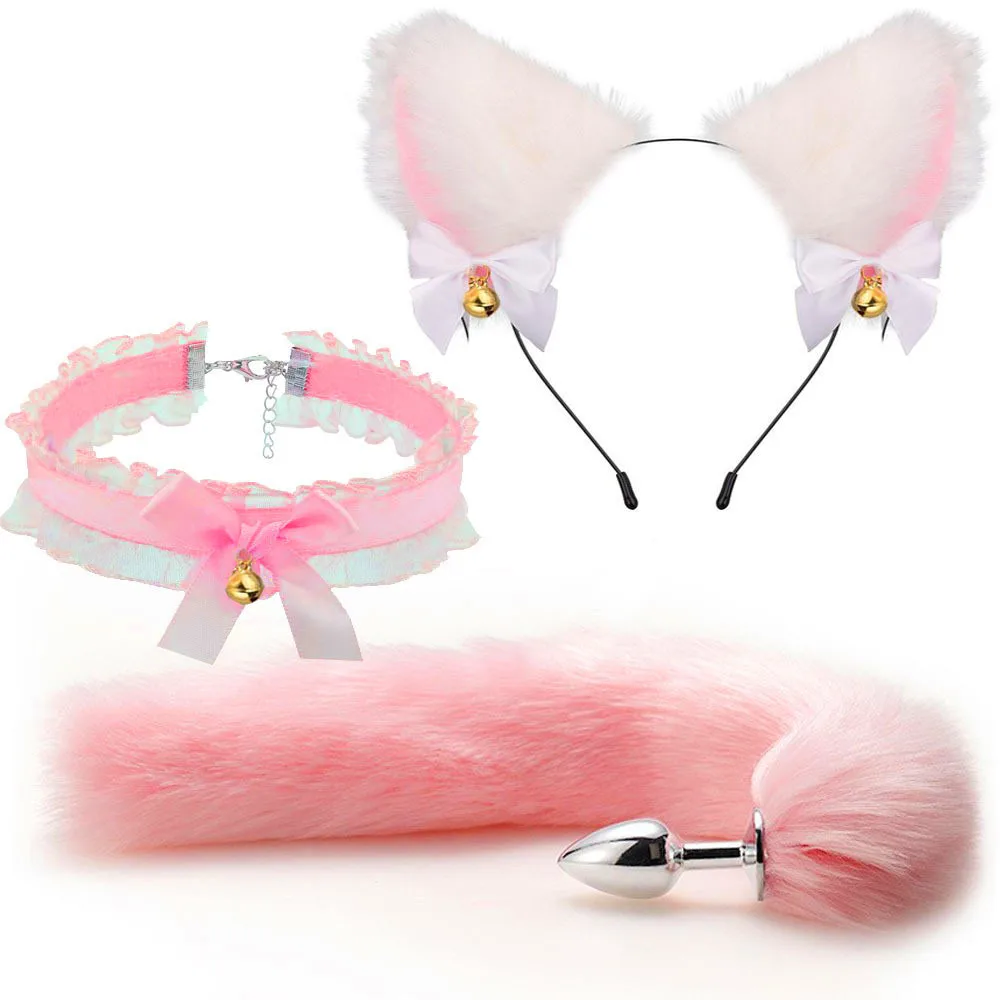 Cute Fox Tail Anal Plug Cat Ears Headbands Set  Nipple Clip Neck Collar Erotic Cosplay Sex Toys For Women