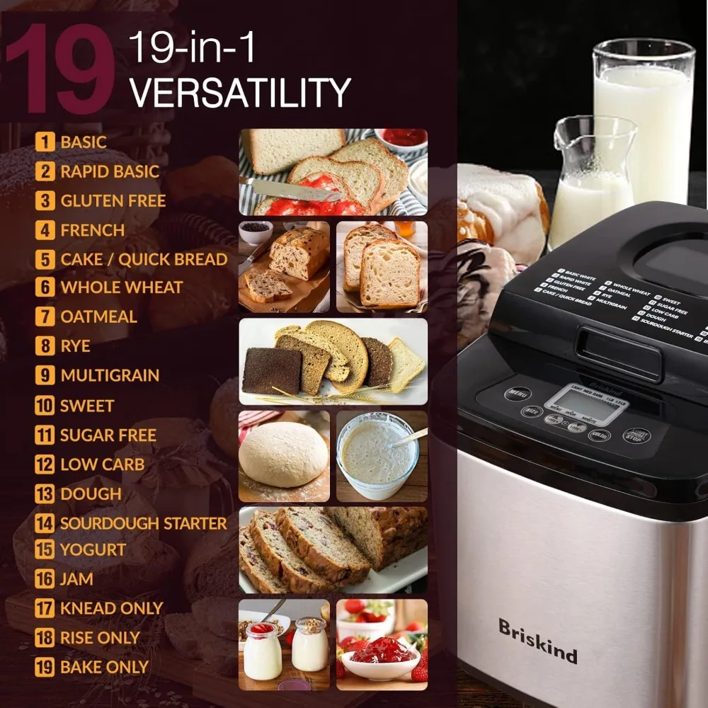 19-in-1 Compact Bread Maker Machine, 1.5 lb / 1 lb Loaf Small Breadmaker with Carrying Handle, Including Gluten Free, Dough