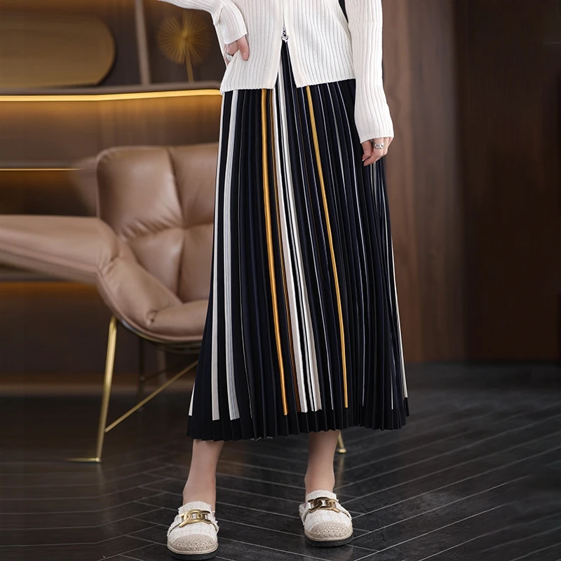 

Summer Hundred Pleated Vertical Stripes A-line High-waist Large Swing Skirt British Style Mid Length Elastic Waist Half Skirt