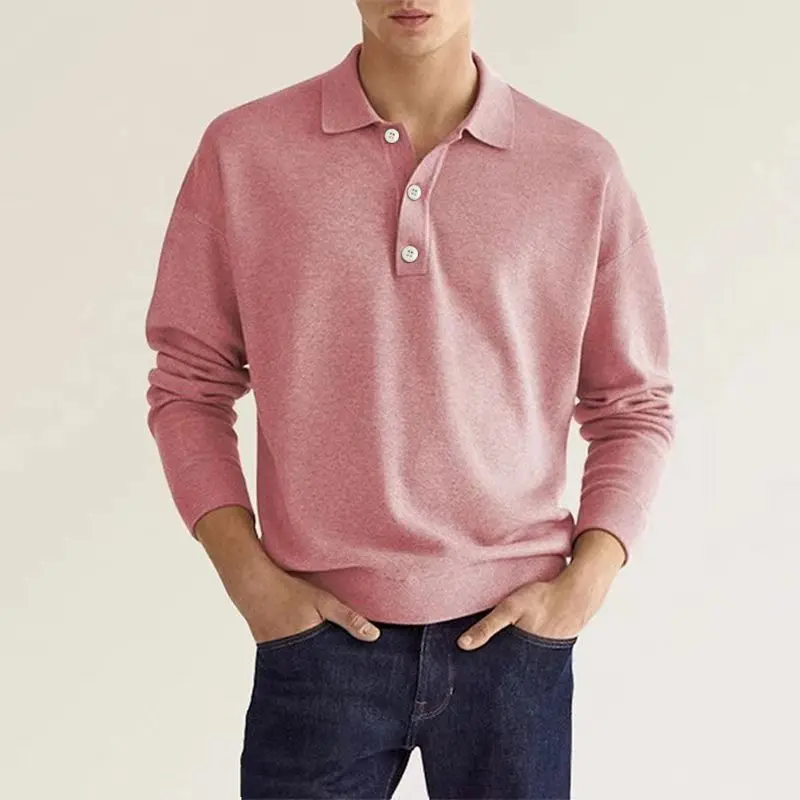 

Spring Autumn Solid Color Long Sleeve Polo Shirts Man High Street Casual Loose Button Pullovers England Vintage All-match Tops