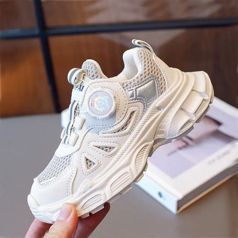 Kids Rotating Button Shoes Children Mesh Patchwork White Sneakers 2023 Autumn Boys Girls Breathable Tennis Run Sport Shoe