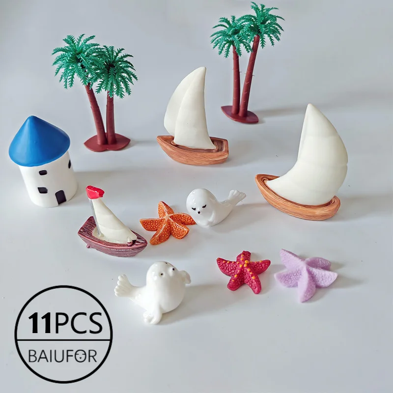 Summer Beach Landscape Ornaments with Boat, Starfish, Sun Umbrella, and Lifebuoy