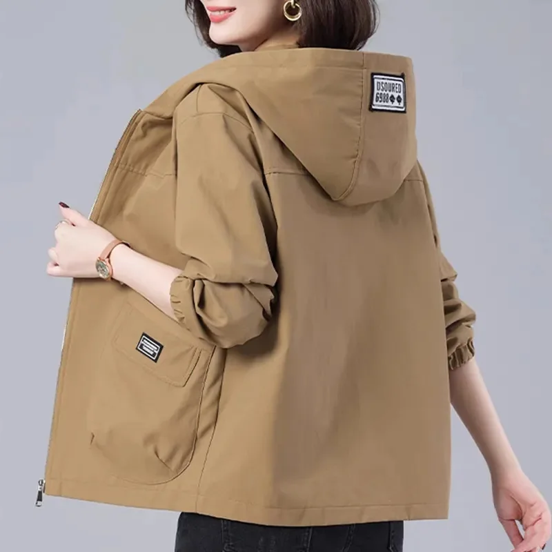2025 Spring Autumn New Hooded Windbreaker Women Korean Casual Mid-Length Zipper Coat Female Casual Outerwear Loose Jacket