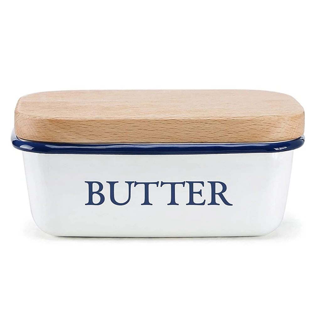 

Butter Box Nordic Style Ceiling with Wood Lid Food Dish Enamel Cheese Storage Tray Plate Container for Kitchen Tool