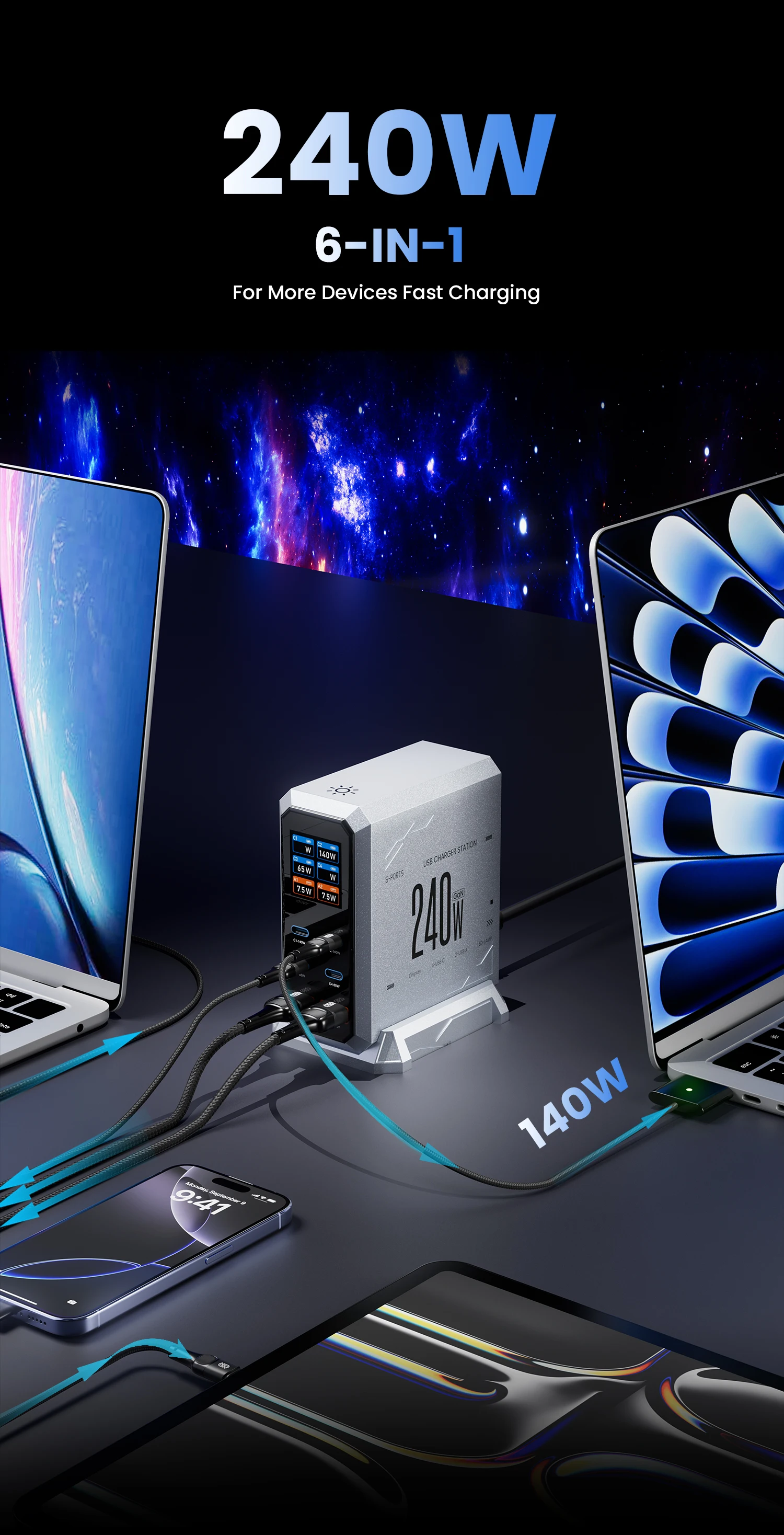 240W 6 Port GaN Charger Fast USB C Charging For MacBook More